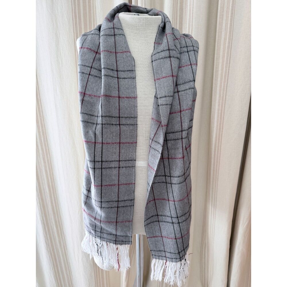 Gray Plaid Scarf Black Red Windowpane Fringe Wrap 13x64" 148